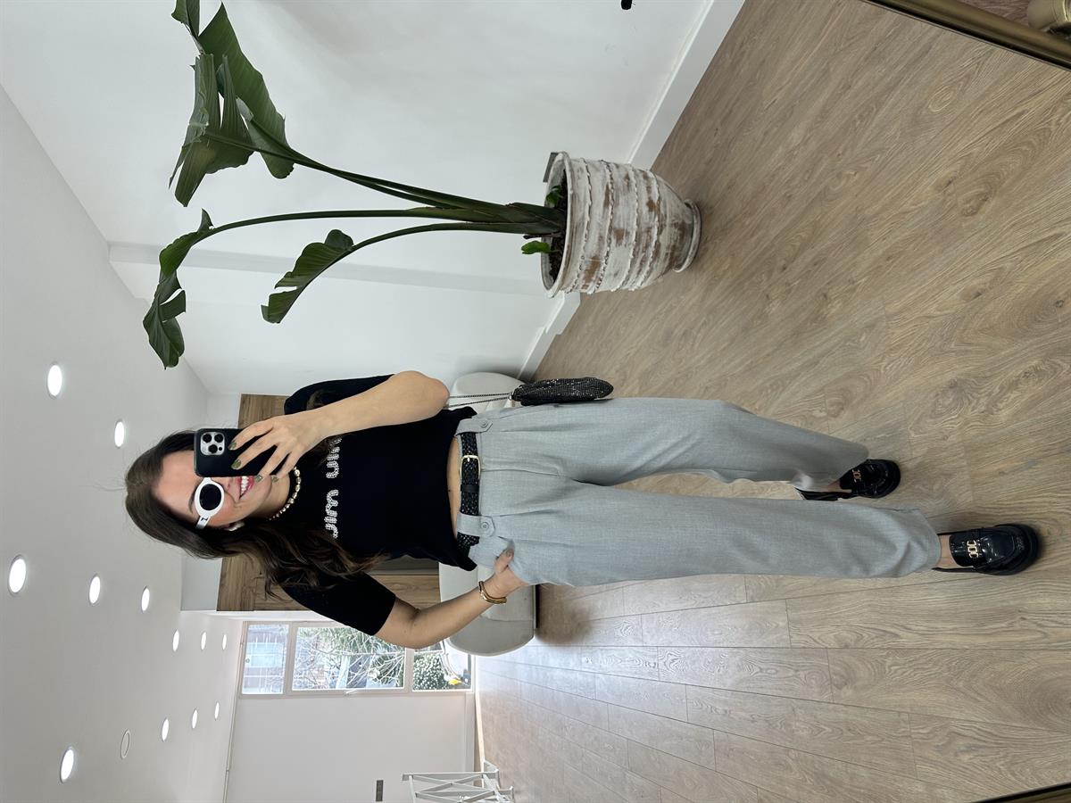 Köprü Detaylı Çift Pileli Pantolon-Gri