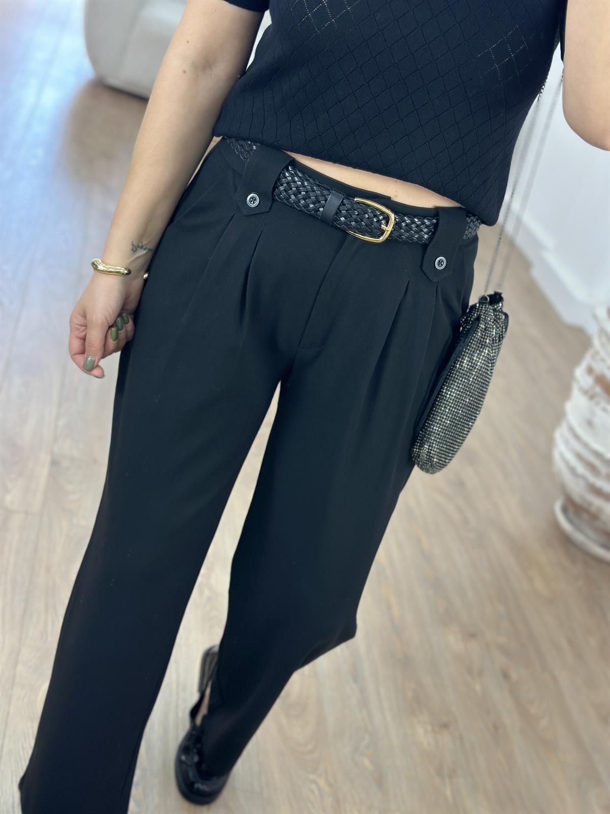 Köprü Detaylı Çift Pileli Pantolon-Siyah