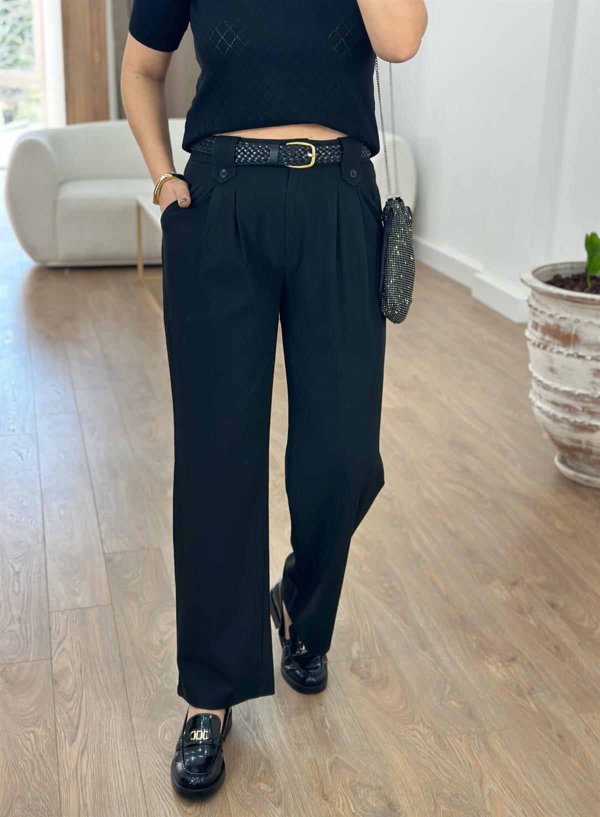 Köprü Detaylı Çift Pileli Pantolon-Siyah