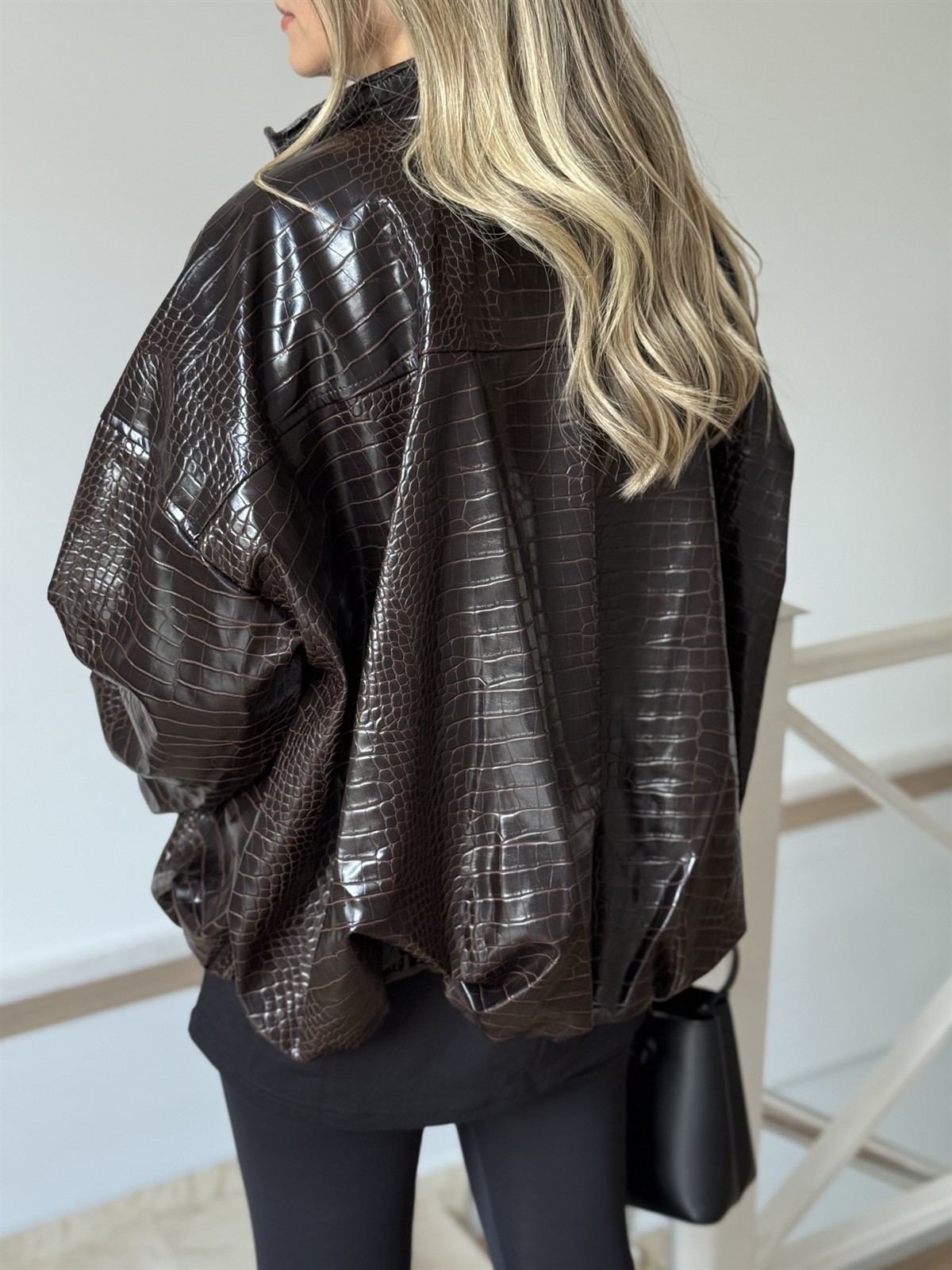 Kroko Desen Oversize Deri Ceket 