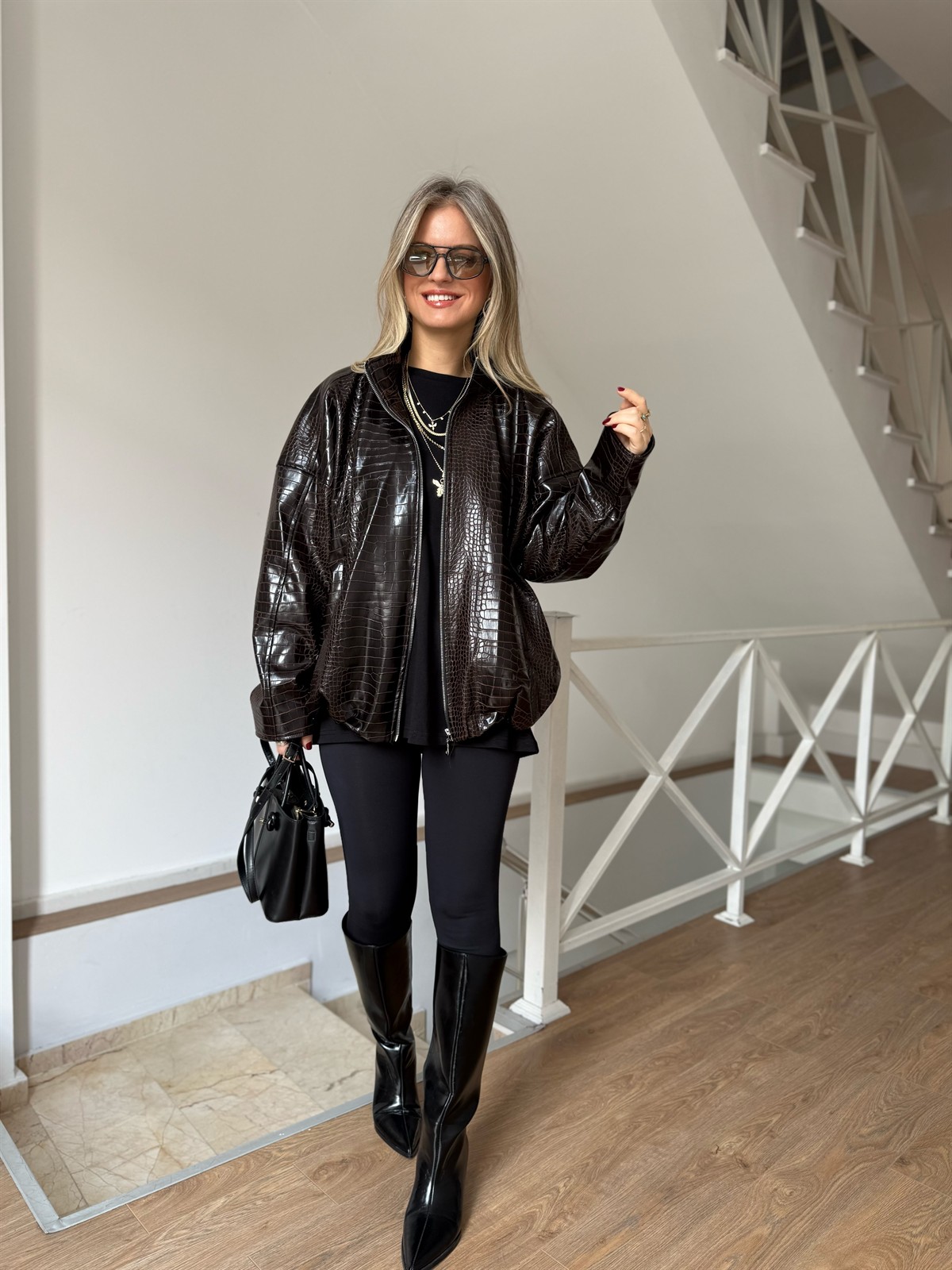 Kroko Desen Oversize Deri Ceket 