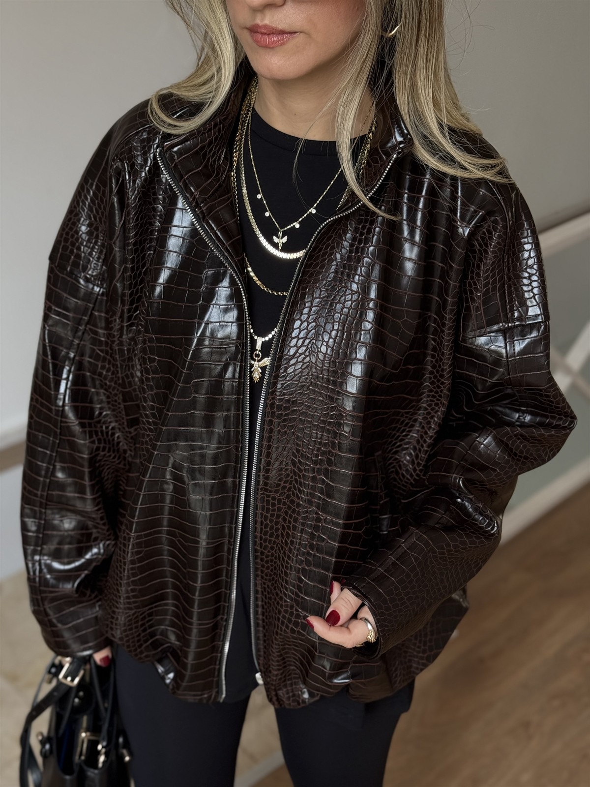 Kroko Desen Oversize Deri Ceket 