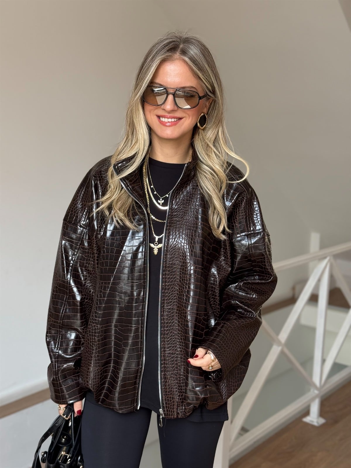 Kroko Desen Oversize Deri Ceket 