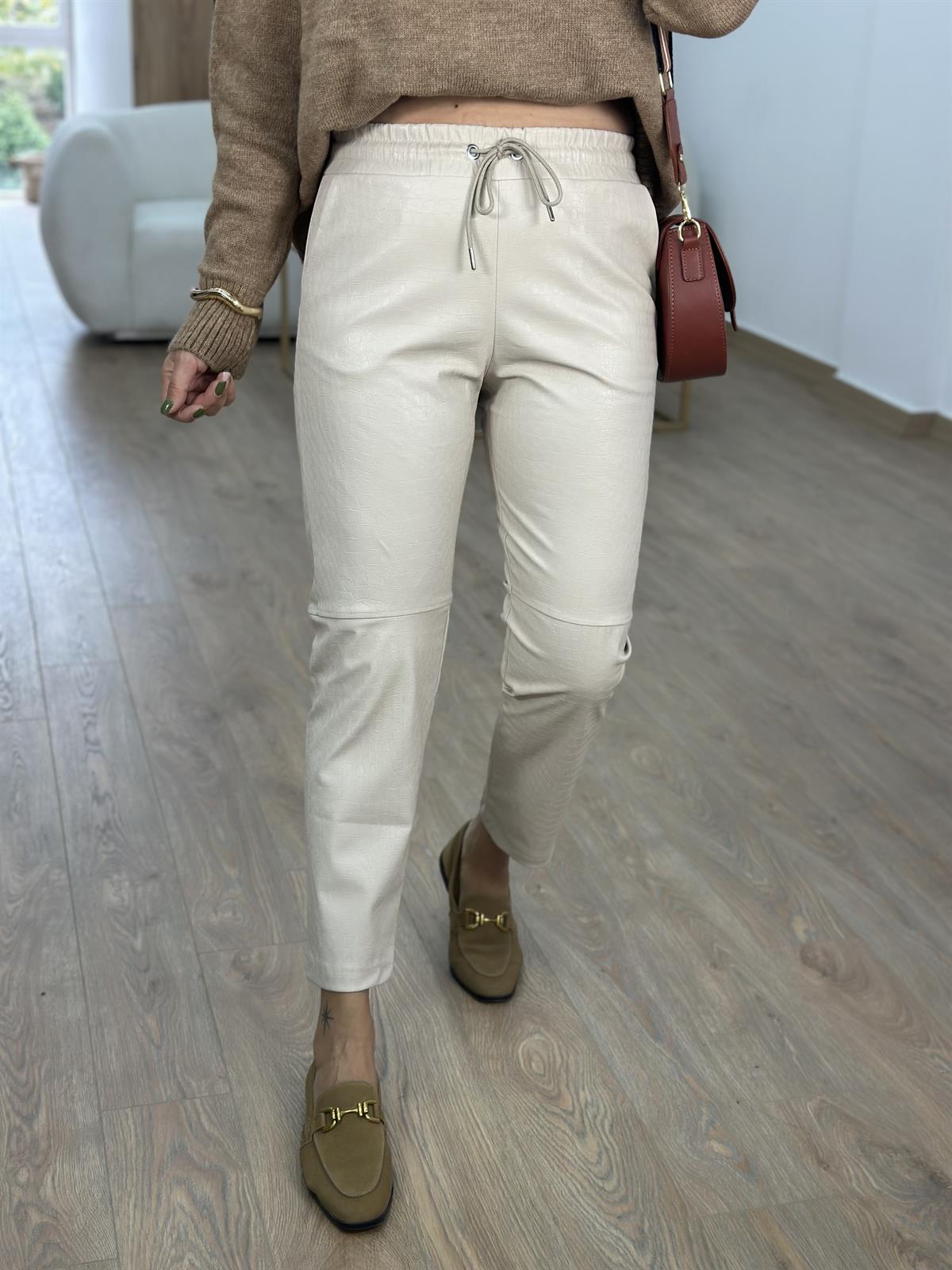 Krokodil Desen Beli Bağcıklı Deri Pantolon- Bej