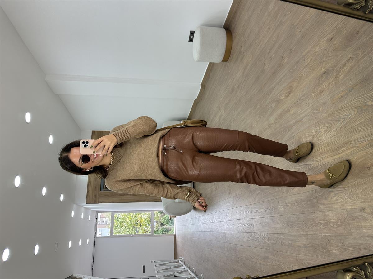 Krokodil Desen Beli Bağcıklı Deri Pantolon-Taba