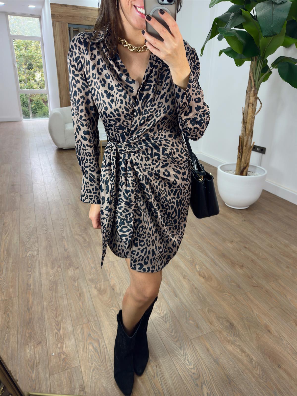 Kruvaze Saten Leopar Gömlek Elbise 