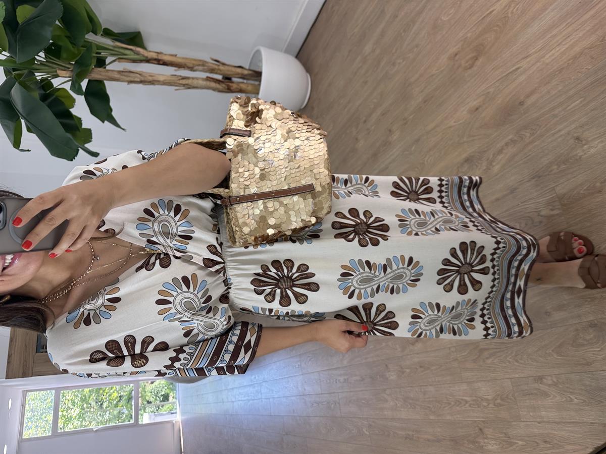 Kruvaze Yaka Çiçekli Keten Elbise