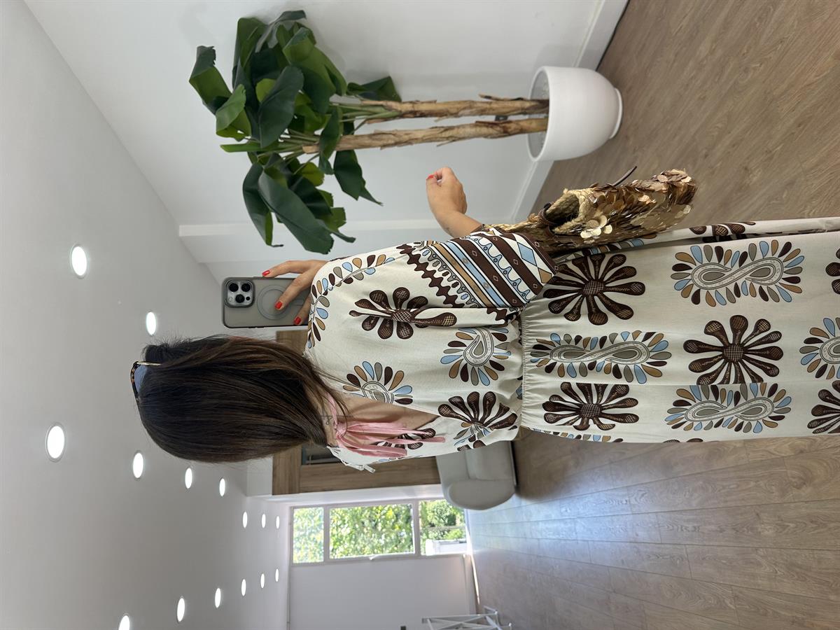 Kruvaze Yaka Çiçekli Keten Elbise