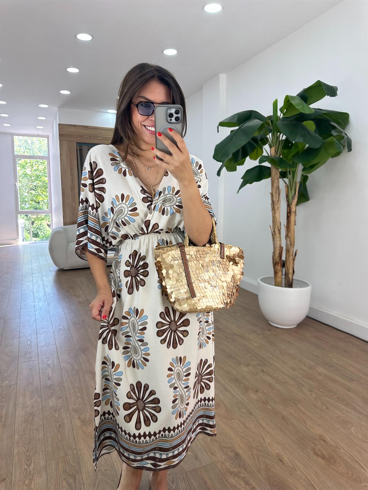 Kruvaze Yaka Çiçekli Keten Elbise