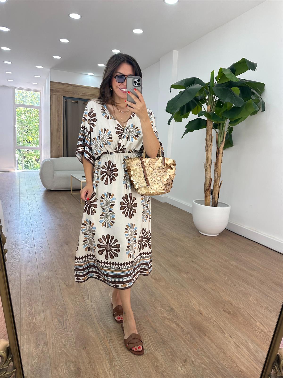 Kruvaze Yaka Çiçekli Keten Elbise