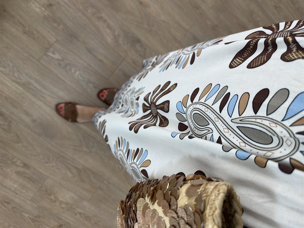 Kruvaze Yaka Çiçekli Keten Elbise