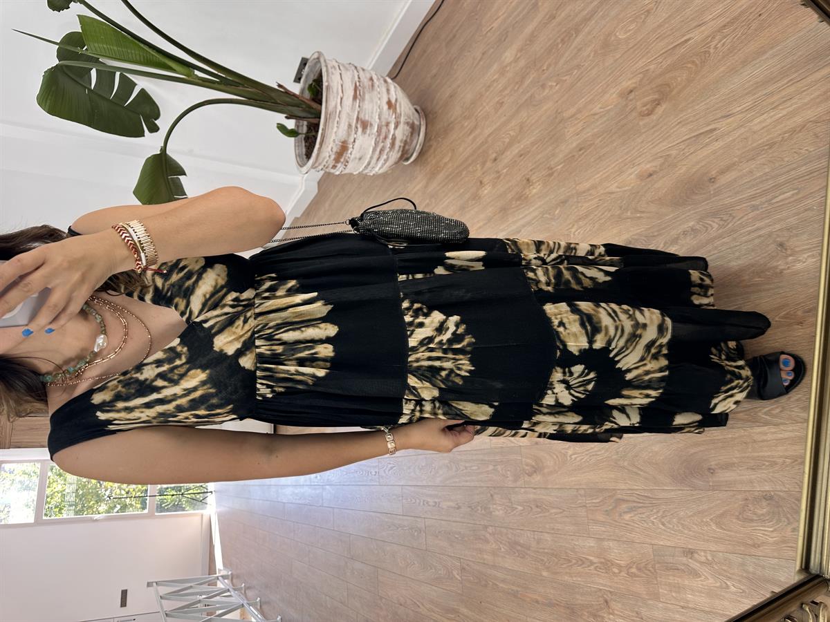 Kruvaze Yaka Emprime Elbise - Siyah