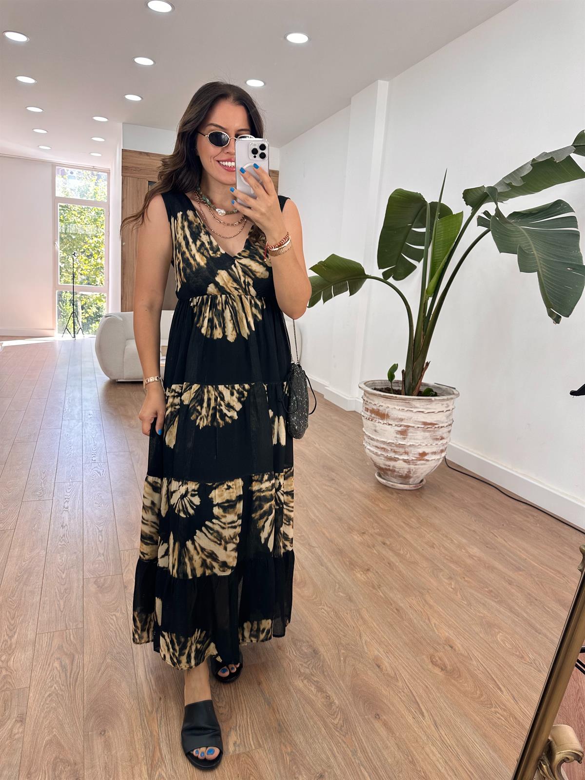 Kruvaze Yaka Emprime Elbise - Siyah