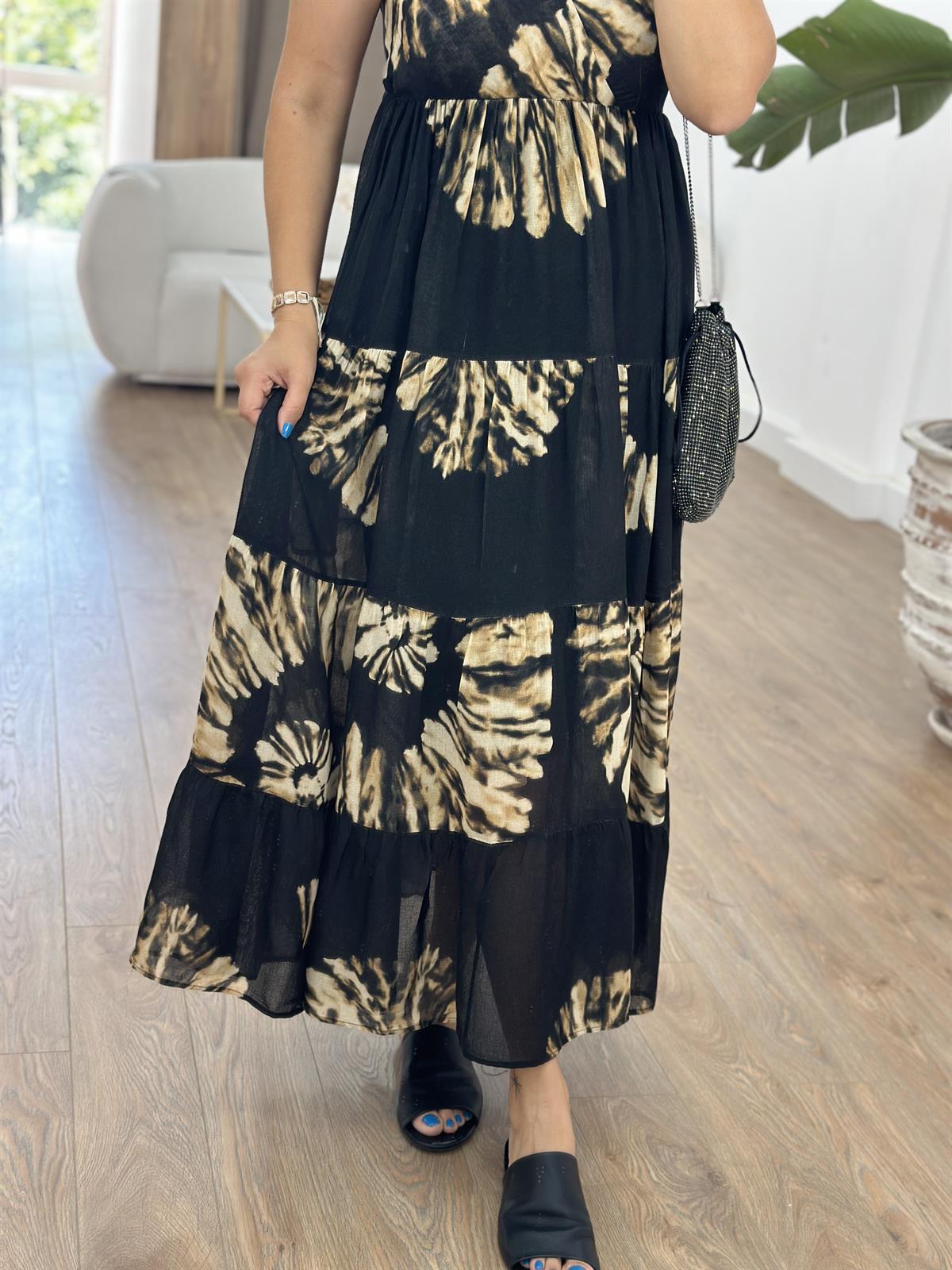 Kruvaze Yaka Emprime Elbise - Siyah