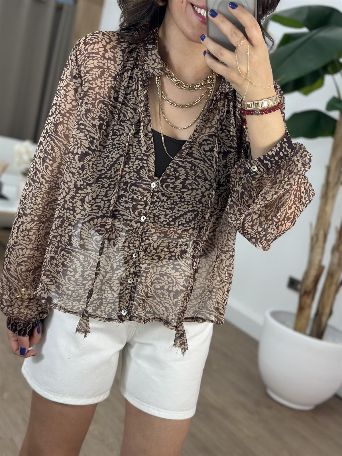 Kruvaze Yaka Etnik Desen Tül Bluz