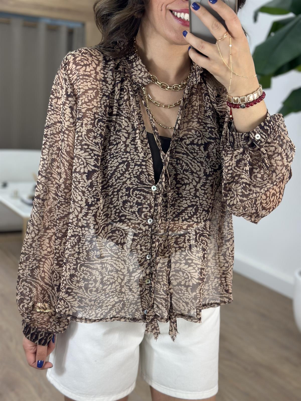 Kruvaze Yaka Etnik Desen Tül Bluz