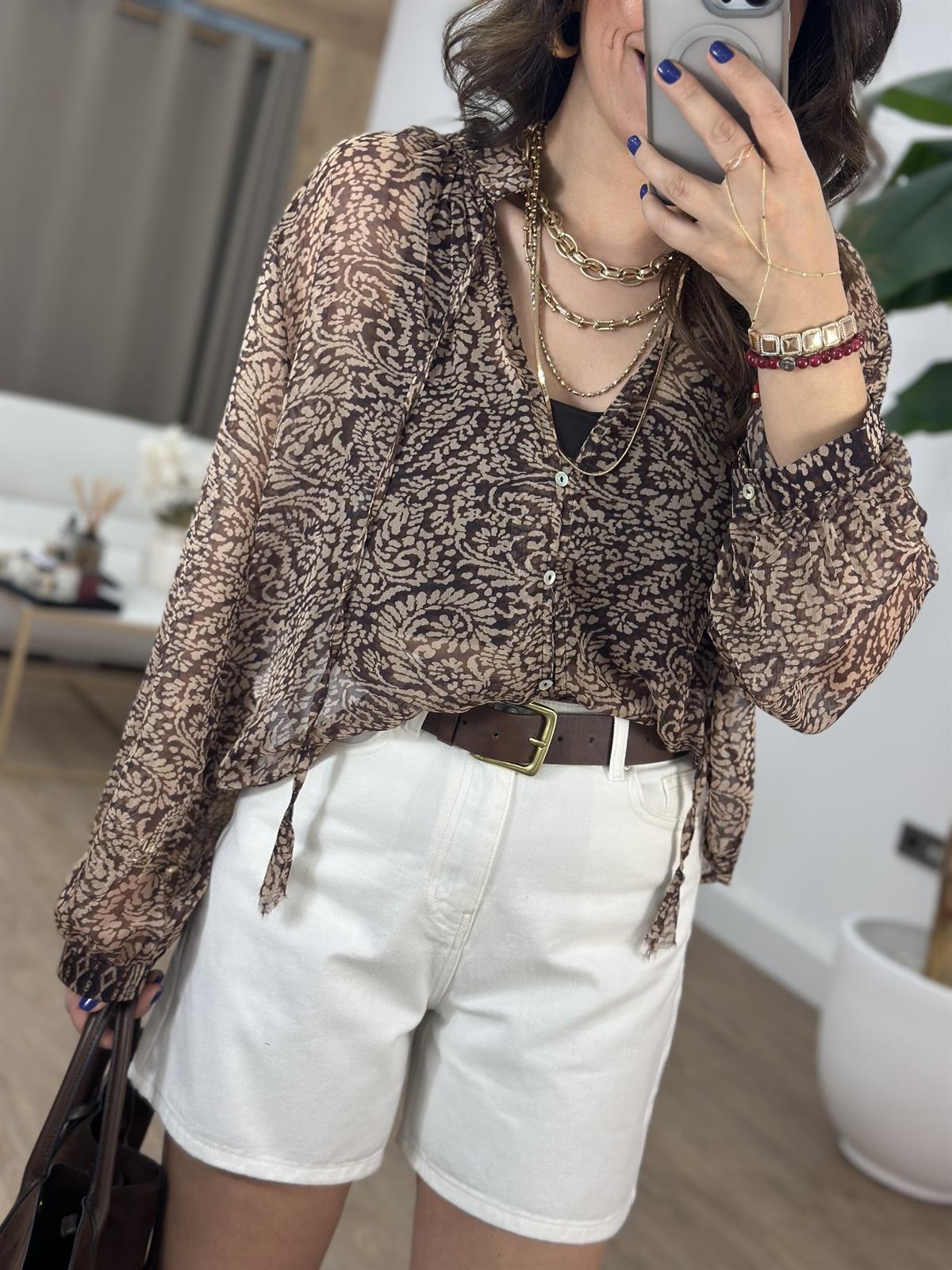 Kruvaze Yaka Etnik Desen Tül Bluz