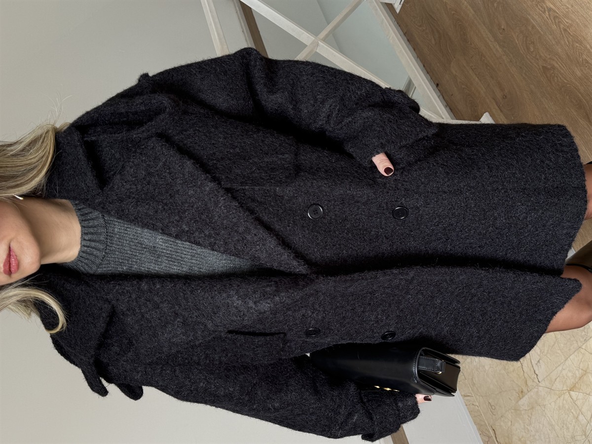 Kruvaze Yaka Kuşaklı Buklet Kaban - Siyah