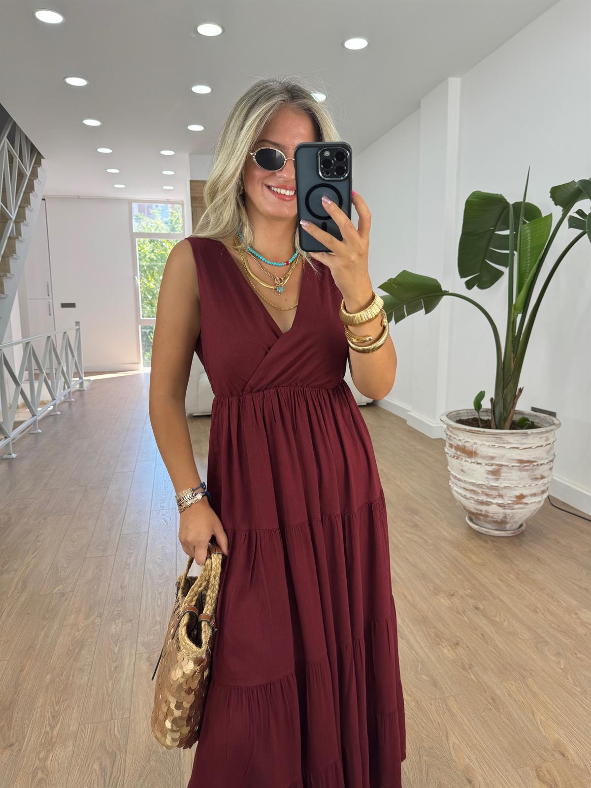 Kruvaze Yaka Maxi Keten Elbise - Bordo