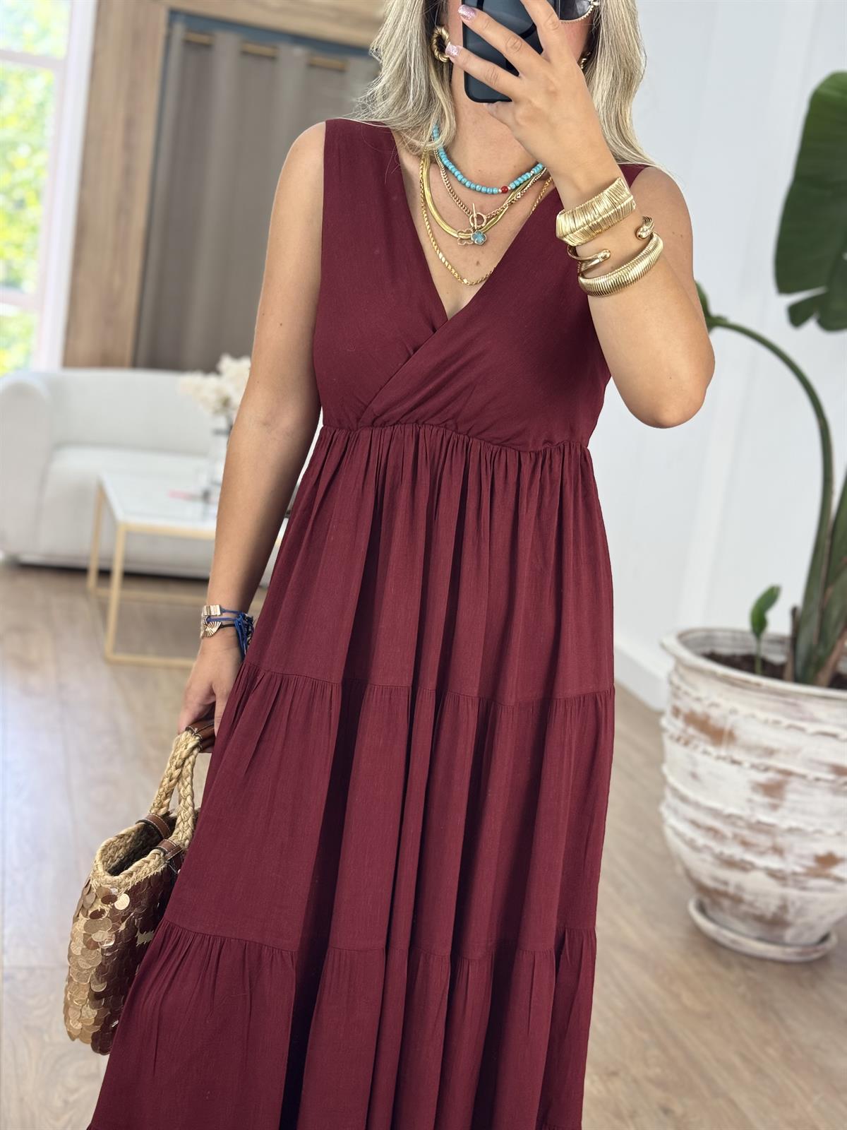 Kruvaze Yaka Maxi Keten Elbise - Bordo