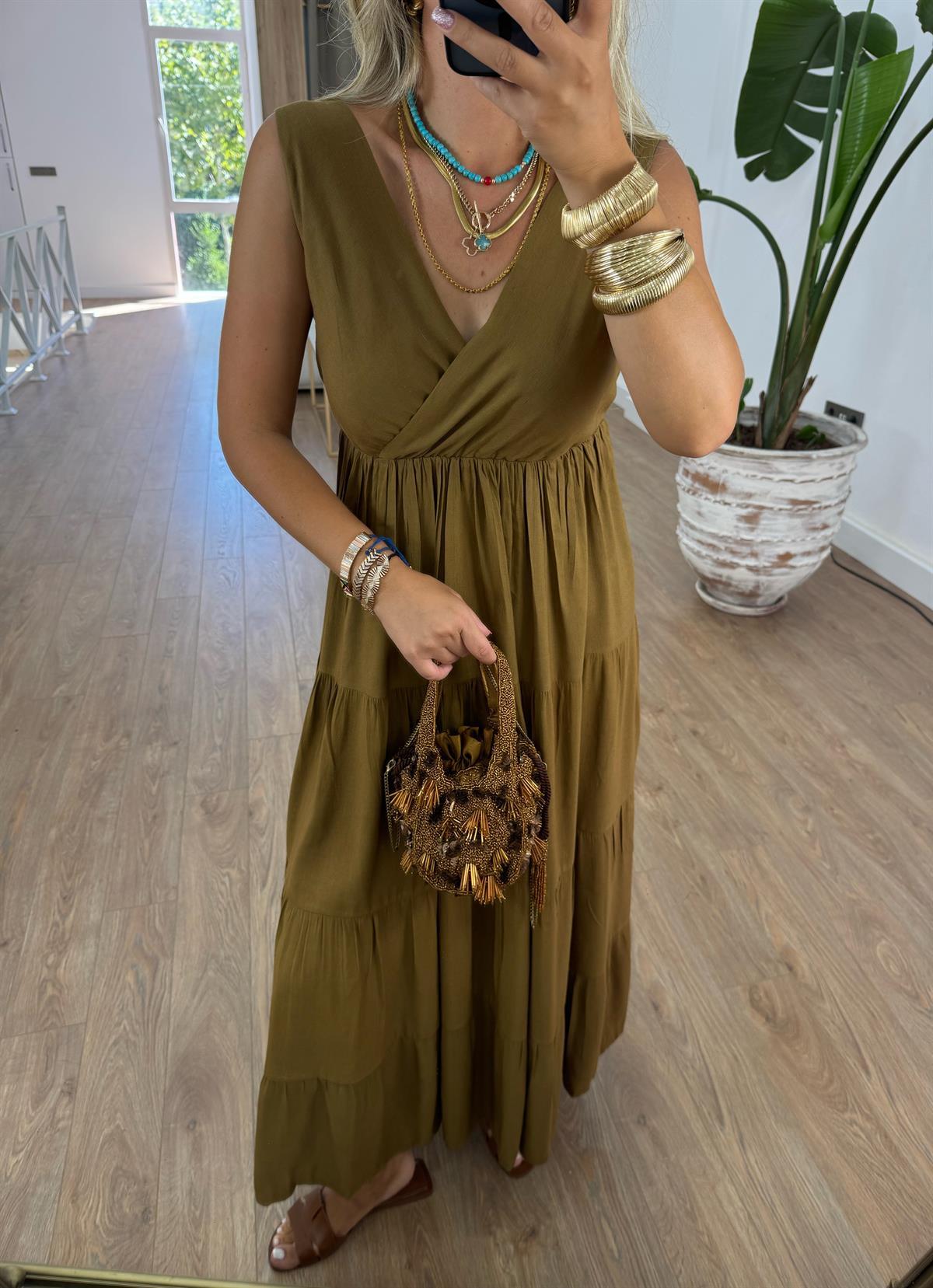 Kruvaze Yaka Maxi Keten Elbise - Yağ Yeşili