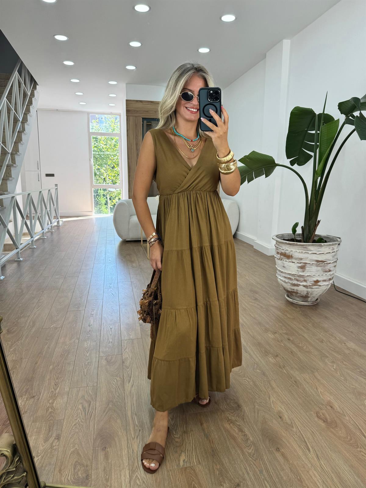 Kruvaze Yaka Maxi Keten Elbise - Yağ Yeşili