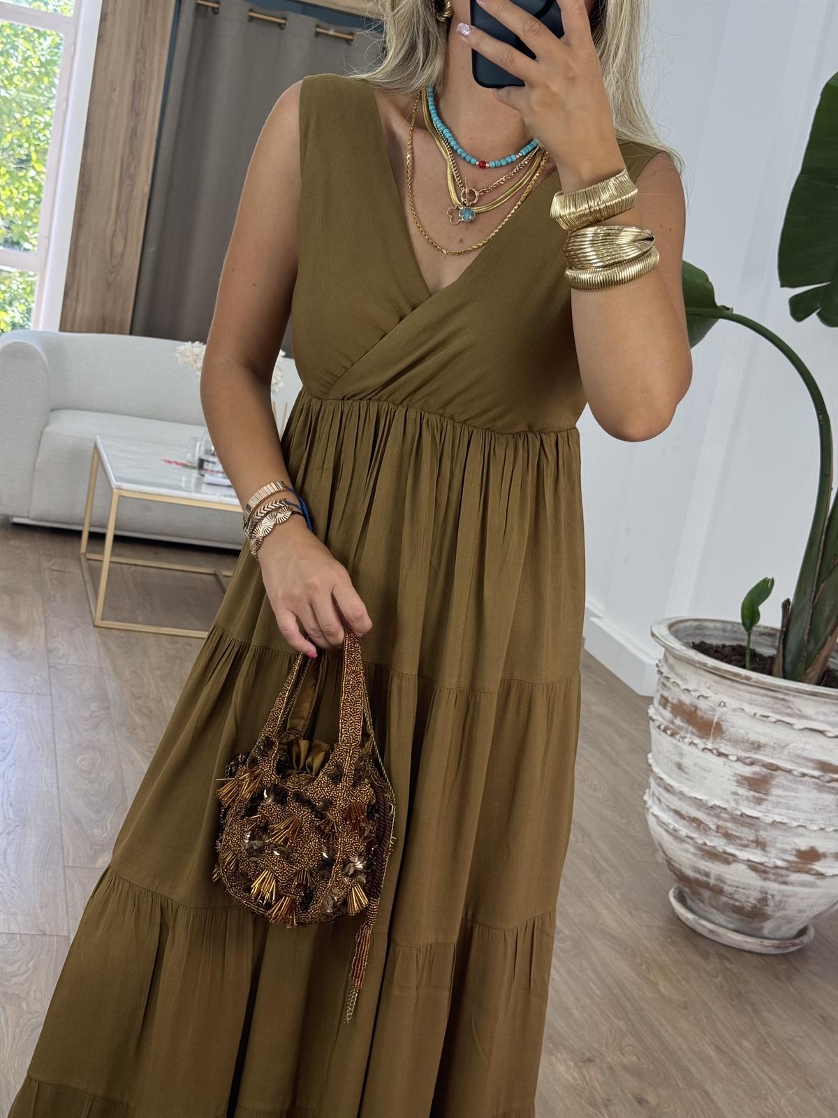 Kruvaze Yaka Maxi Keten Elbise - Yağ Yeşili