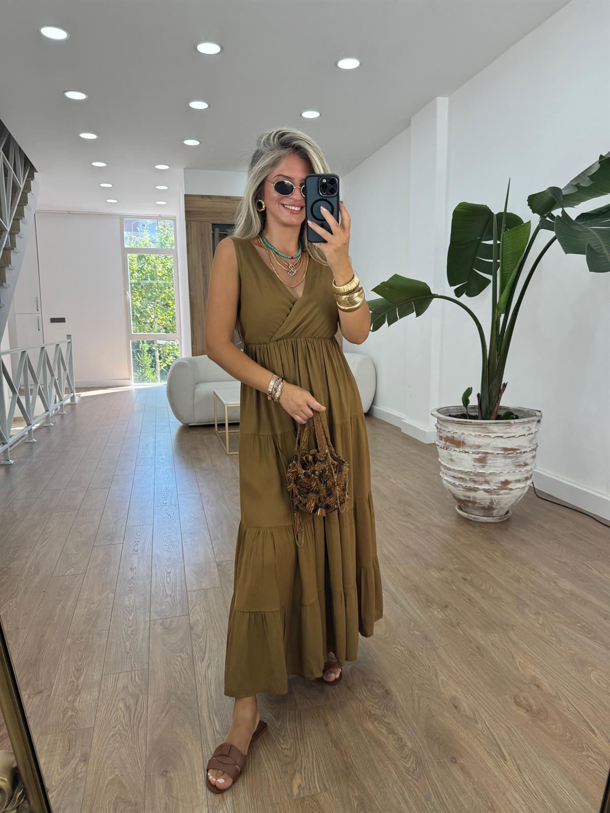 Kruvaze Yaka Maxi Keten Elbise - Yağ Yeşili