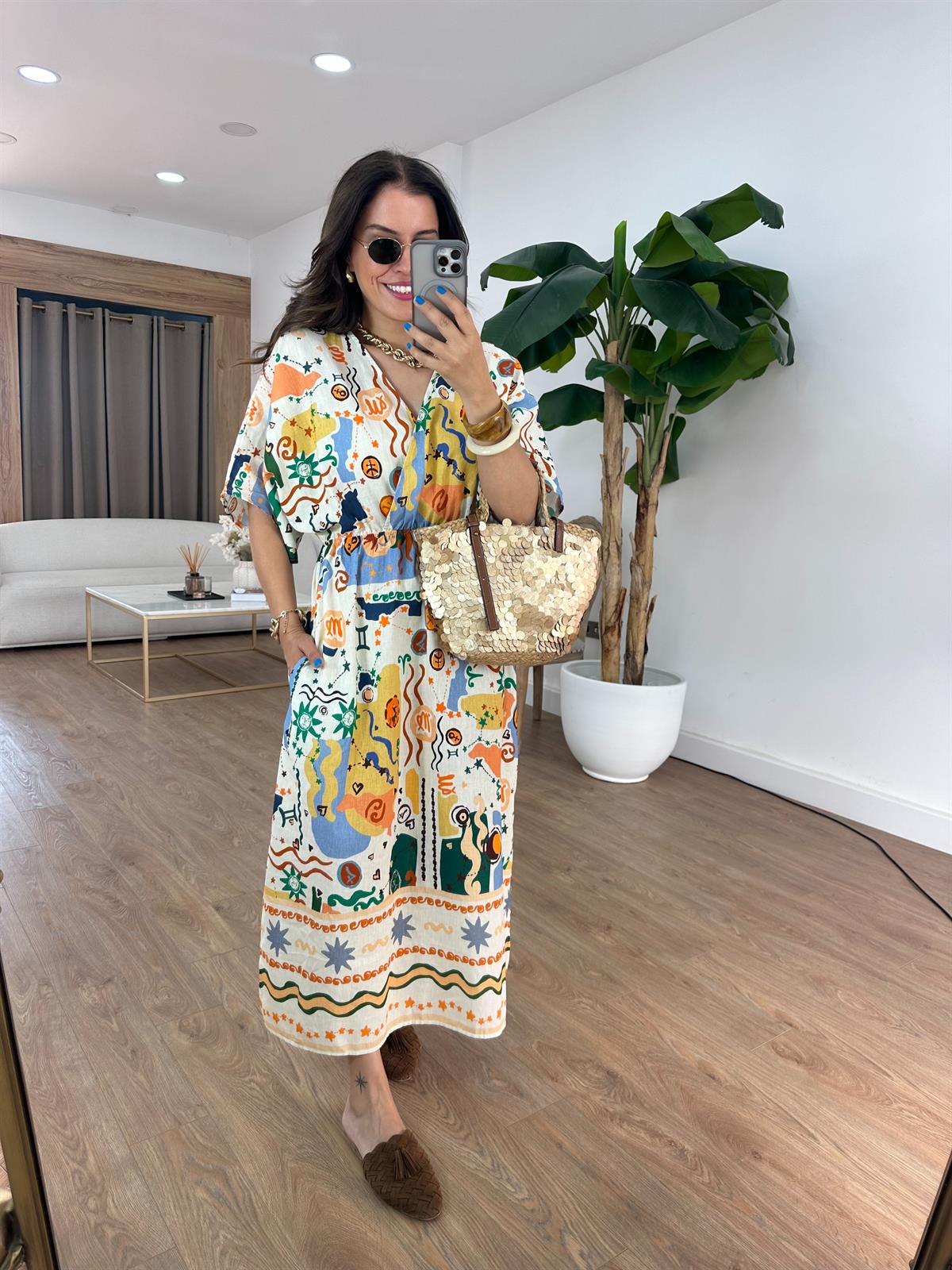 Kruvaze Yaka Renkli Keten Elbise 