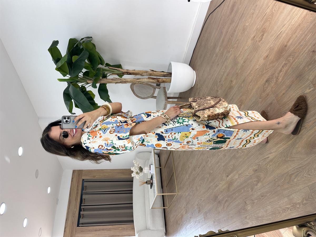 Kruvaze Yaka Renkli Keten Elbise 