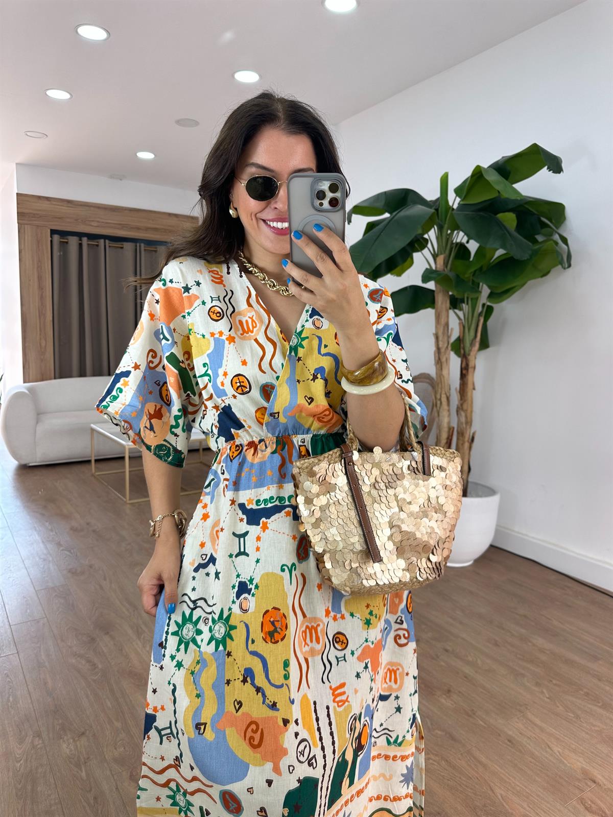 Kruvaze Yaka Renkli Keten Elbise 