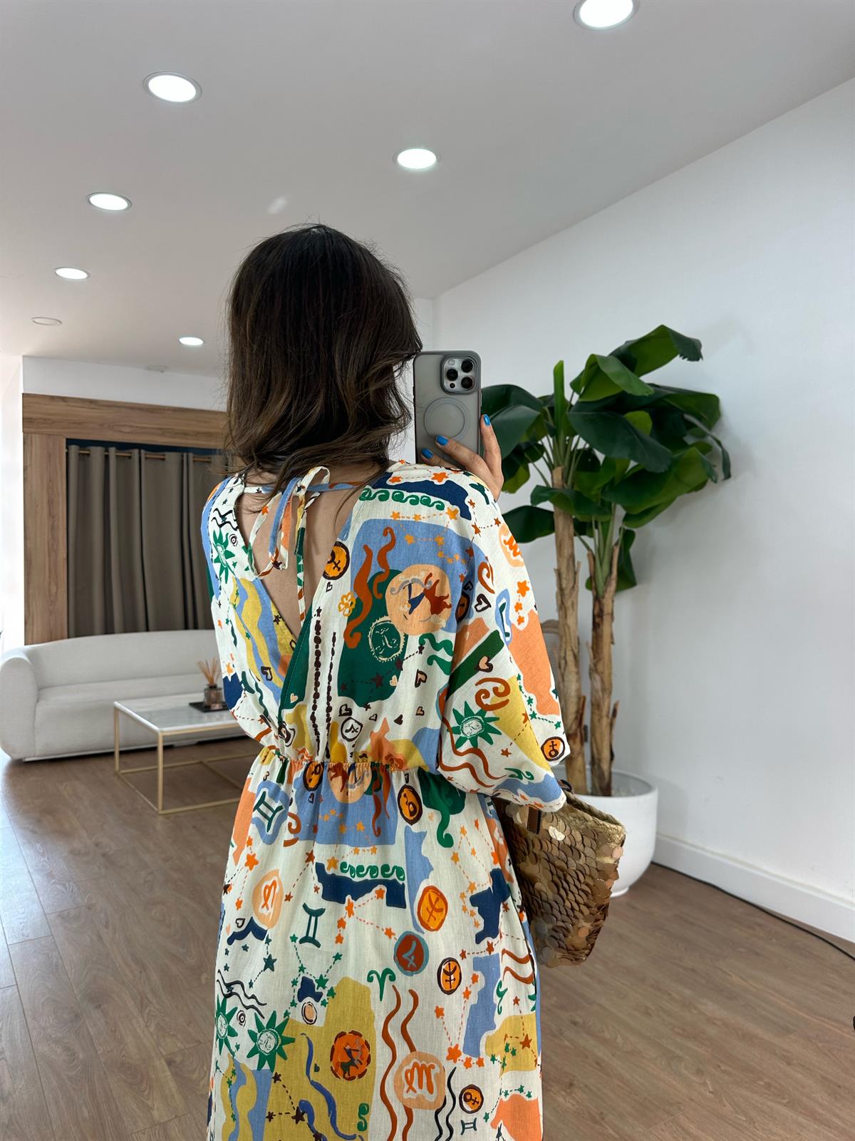 Kruvaze Yaka Renkli Keten Elbise 