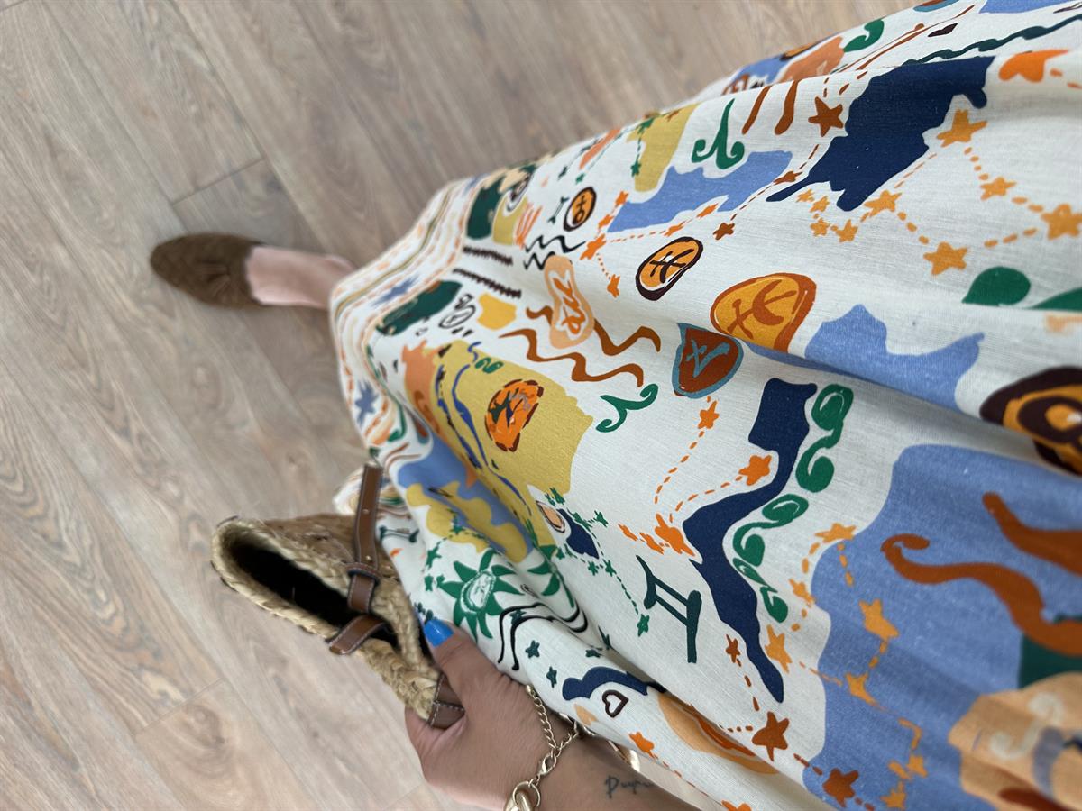 Kruvaze Yaka Renkli Keten Elbise 