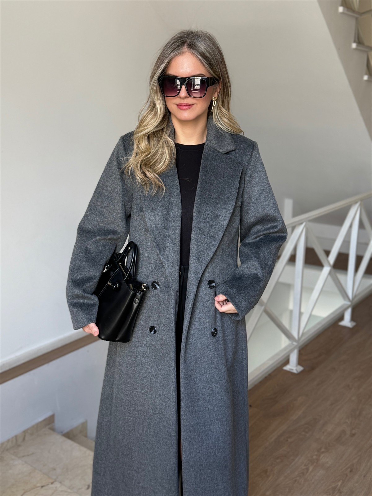 Kruvaze Yaka Uzun Yün Kaban - Gri