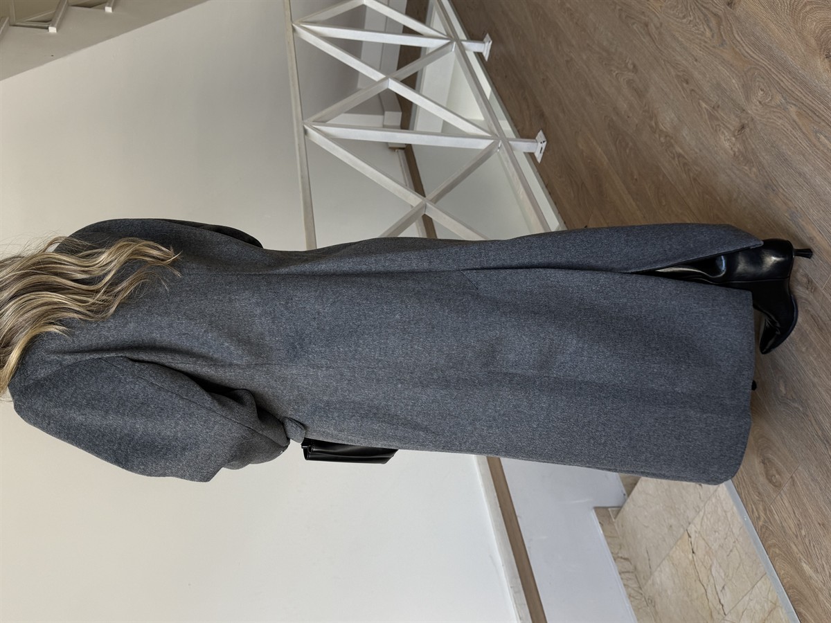 Kruvaze Yaka Uzun Yün Kaban - Gri