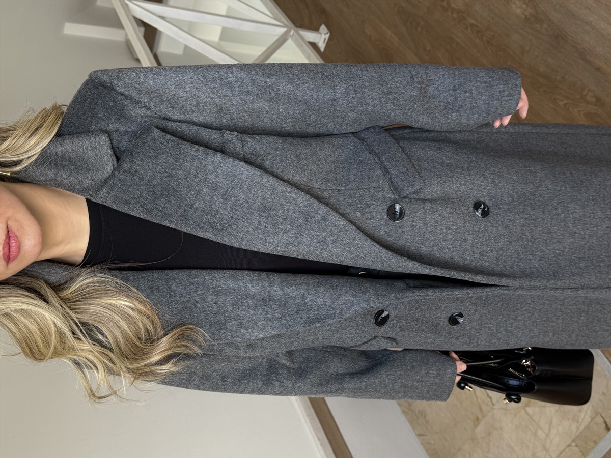 Kruvaze Yaka Uzun Yün Kaban - Gri