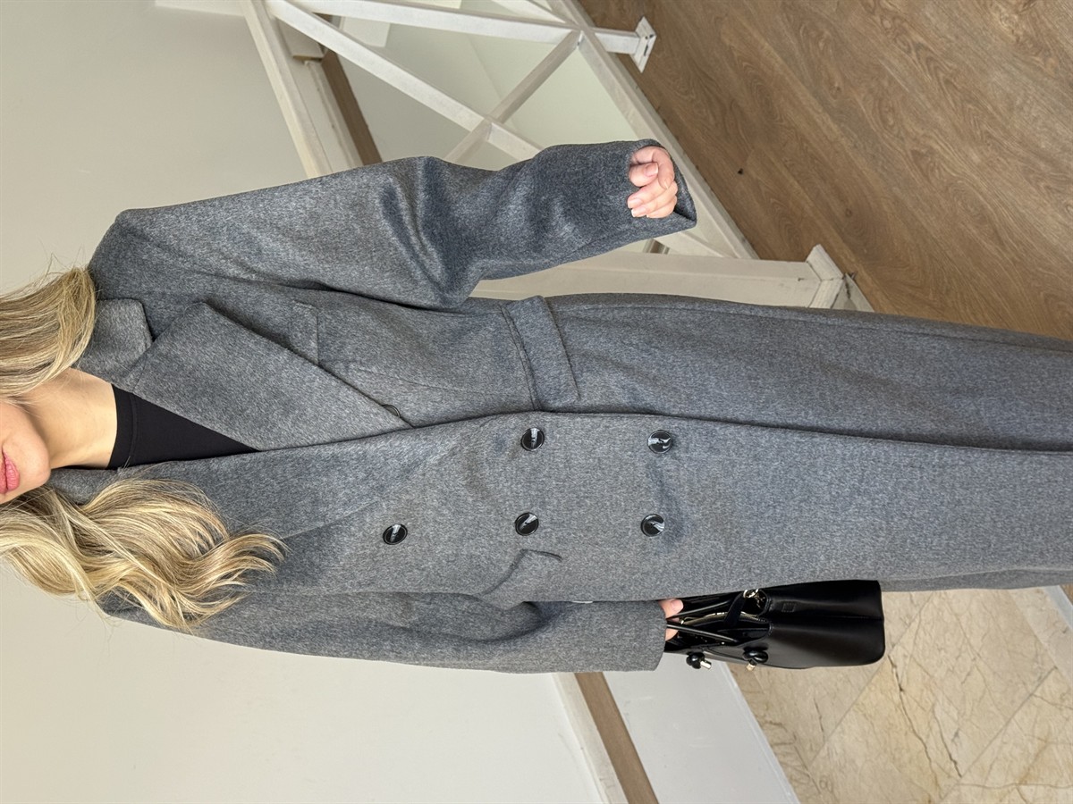 Kruvaze Yaka Uzun Yün Kaban - Gri