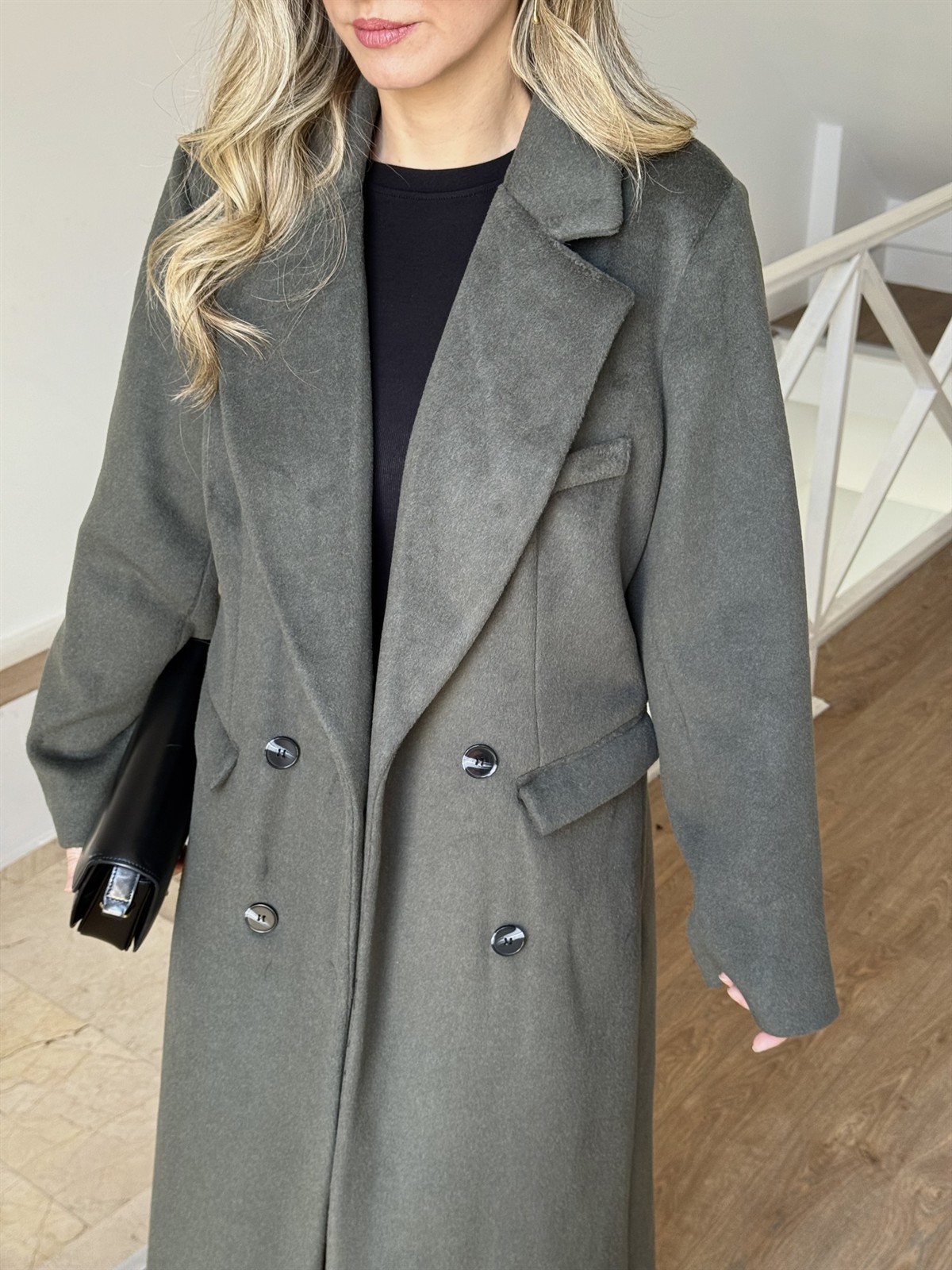 Kruvaze Yaka Uzun Yün Kaban - Haki