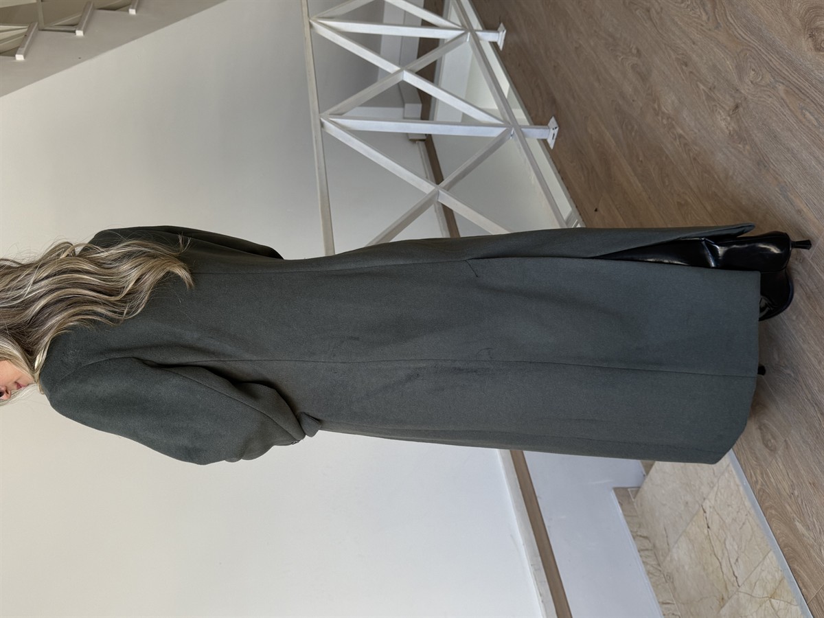 Kruvaze Yaka Uzun Yün Kaban - Haki