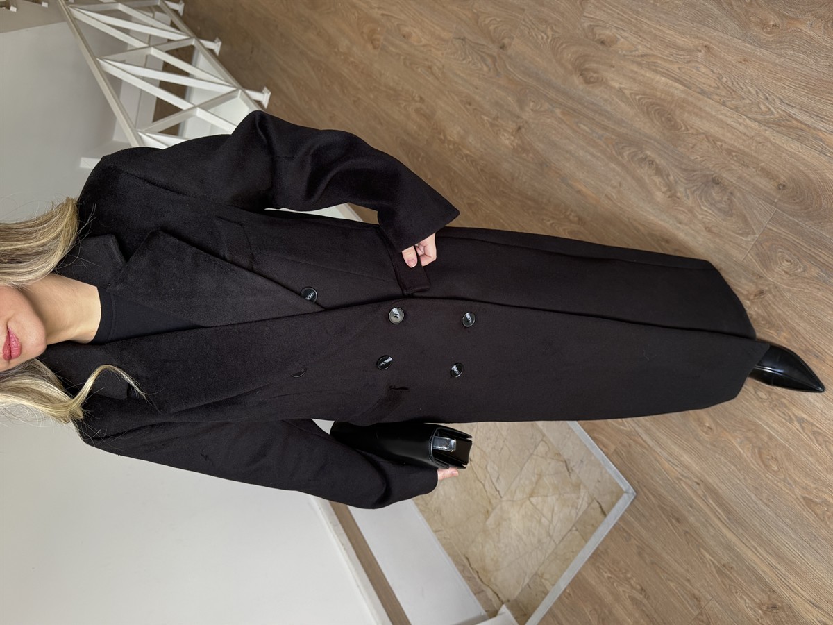 Kruvaze Yaka Uzun Yün Kaban - Siyah