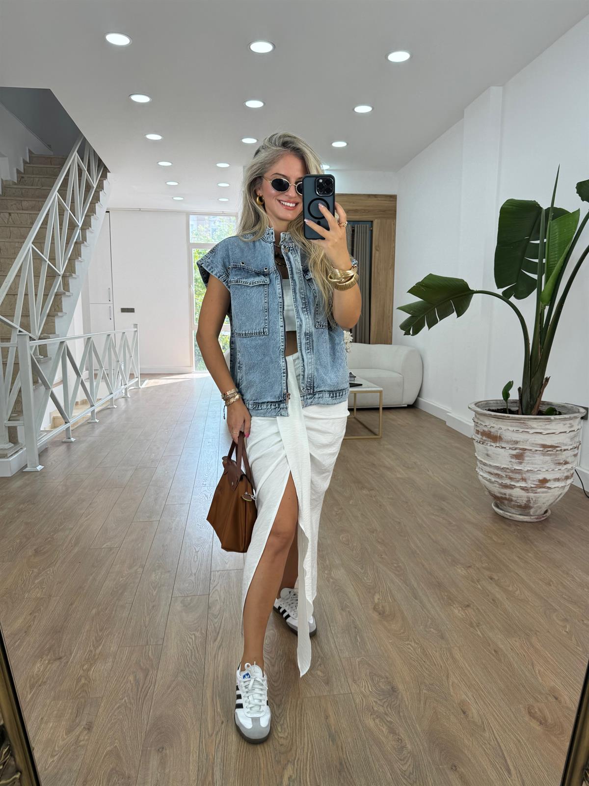 Kuş Gözlü Denim Yelek