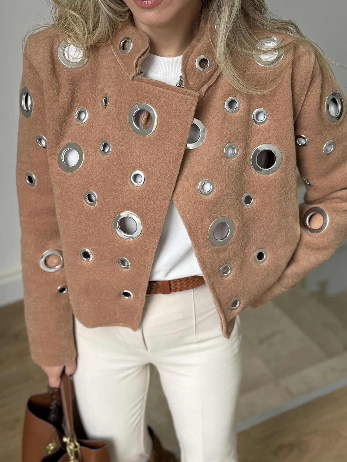 Kuş Gözlü Detaylı Kaşe Ceket - Camel