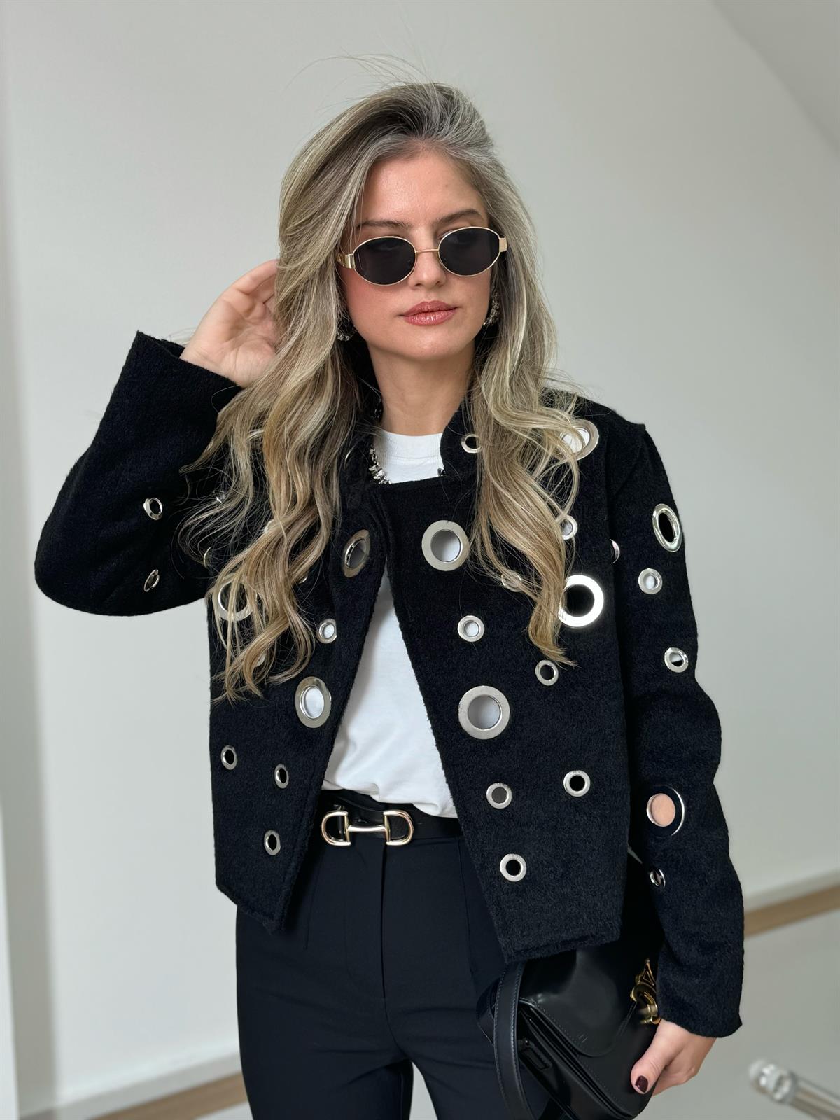 Kuş Gözlü Detaylı Kaşe Ceket - Siyah