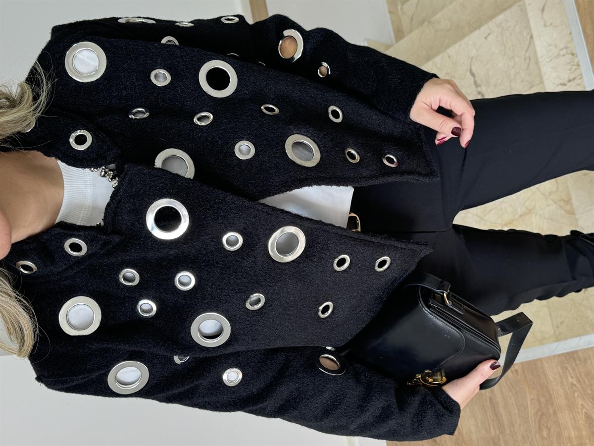 Kuş Gözlü Detaylı Kaşe Ceket - Siyah