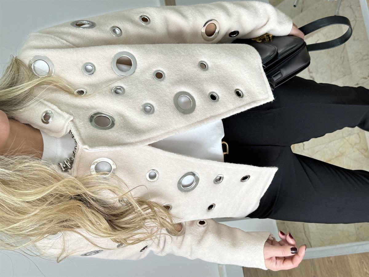 Kuş Gözlü Detaylı Kaşe Ceket - Taş