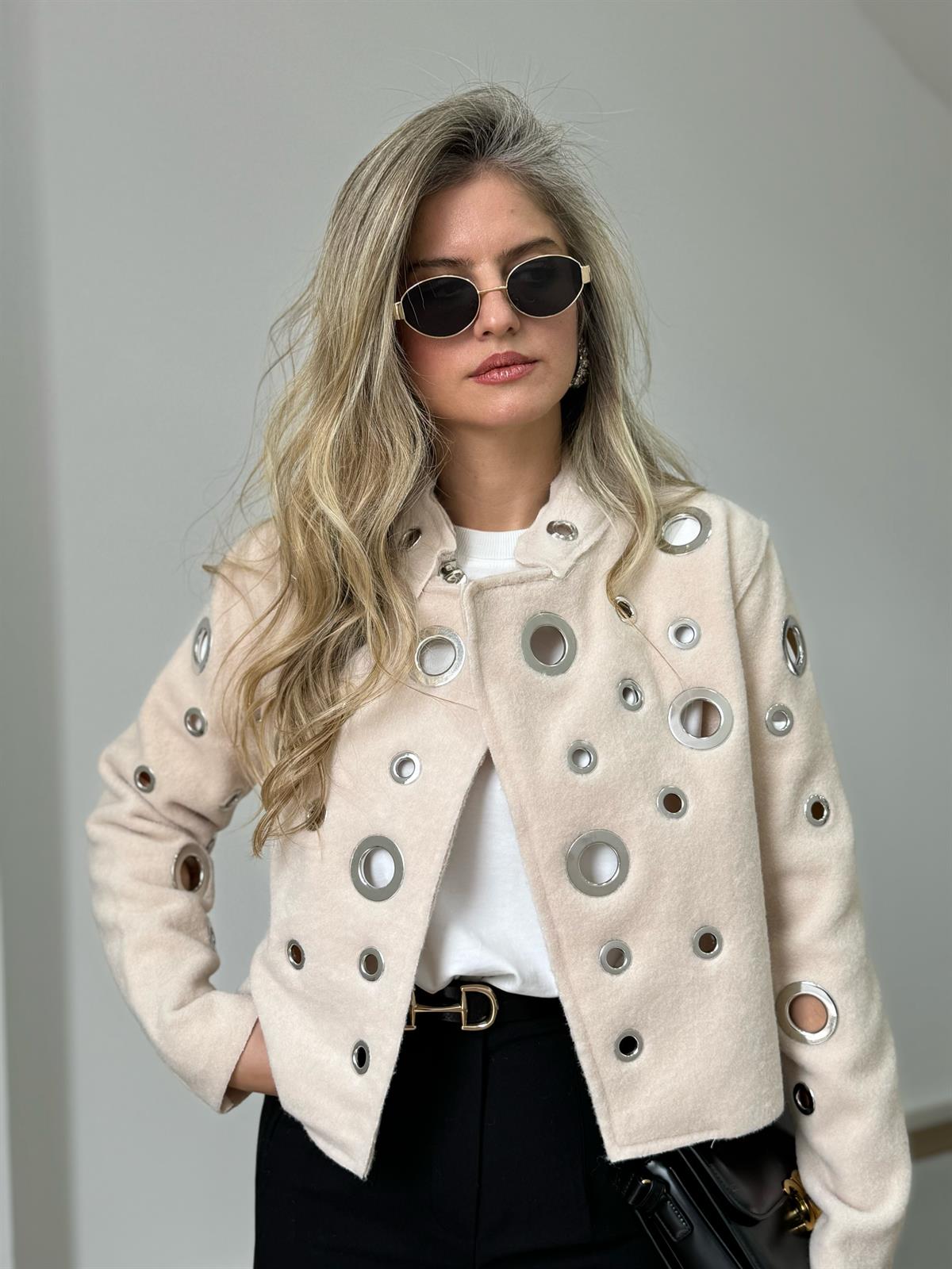 Kuş Gözlü Detaylı Kaşe Ceket - Taş