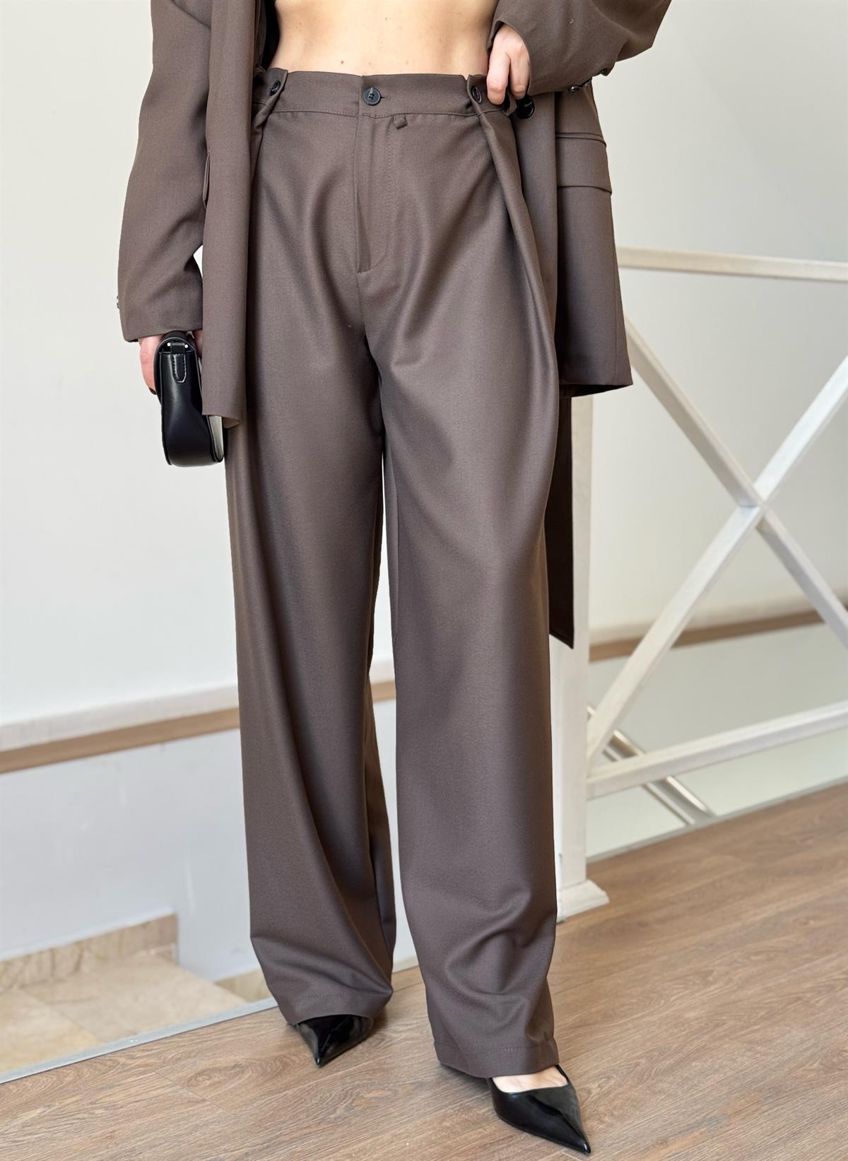 Kuşaklı Ceket Tasarım Pantolon Takım - Kahve