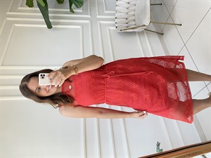 Kuşaklı File Elbise-Kırmızı