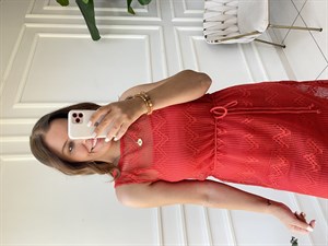 Kuşaklı File Elbise-Kırmızı