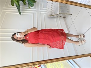 Kuşaklı File Elbise-Kırmızı